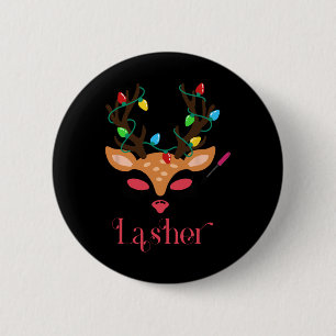 Badge Rond 5 Cm Artiste de cils Lumières de Noël Renne Esthéticien