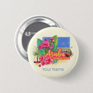 Badge Rond 5 Cm Aruba Retro Caraïbes île avec Flamant rose Vintage