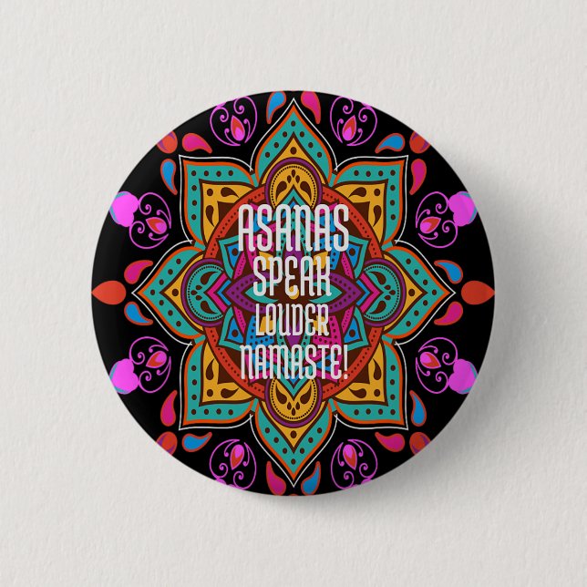 Badge Rond 5 Cm Asanas Flow Plus Fort Avec Mandala Namaste Vibrant (Devant)