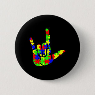 Badge Rond 5 Cm ASL Love Hand Sign Language Puzzle Autism Awards
