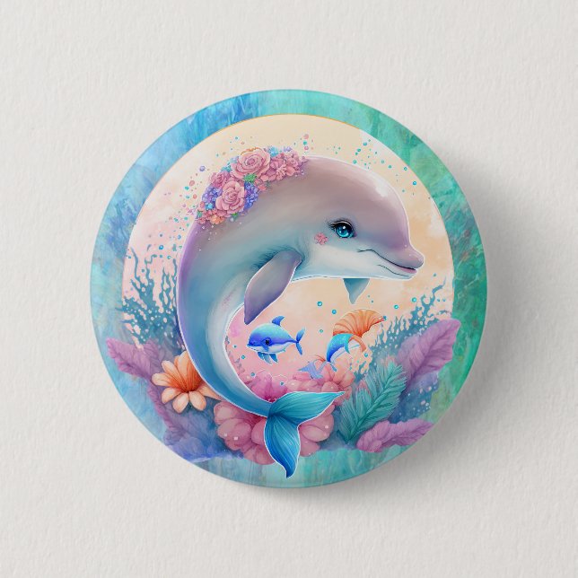 Badge Rond 5 Cm Assiette de fête dauphin (Devant)