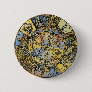 Badge Rond 5 Cm Astrologie Vintage, Roue du Zodiaque de la Renaiss