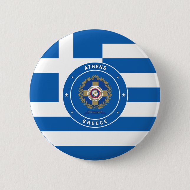 Badge Rond 5 Cm Athènes, Grèce Emblème & Drapeau (Devant)
