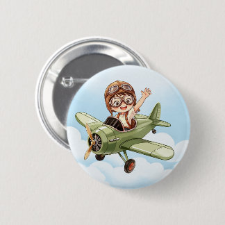 Badge Rond 5 Cm Avion Biplan Vintage Garçon Ciel Nuage Bleu