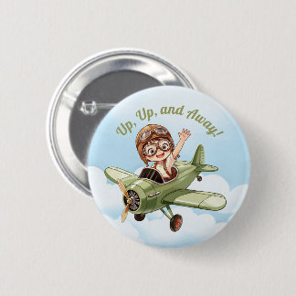 Badge Rond 5 Cm Avion Biplan Vintage Garçon Nuage Ciel Haut Loin