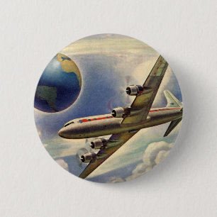 Badge Rond 5 Cm Avion vintage volant autour du monde dans les nuag