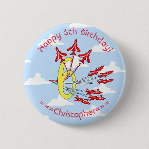 Badge Rond 5 Cm Avions à réaction rouges 6e anniversaire ciel bleu