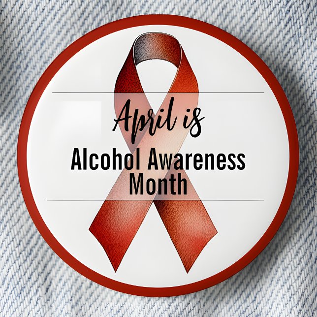 Badge Rond 5 Cm Avril Mois de sensibilisation à l'alcool Ruban (April is Alcohol Awareness Month pinback button.  Red Awareness Ribbon.)