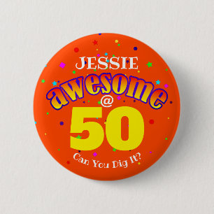 Badge Rond 5 Cm AWESOME 50 Anniversaire orange