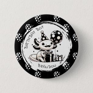 Badge Rond 5 Cm Axolotl et ballons noirs et blancs Anniversaire