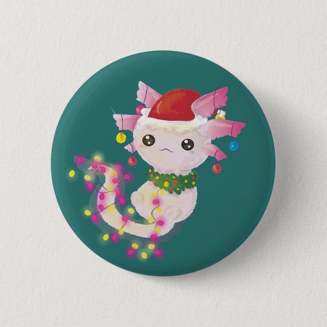 Badge Rond 5 Cm Axolotl rose pâle aux lumières de Noël (Devant)