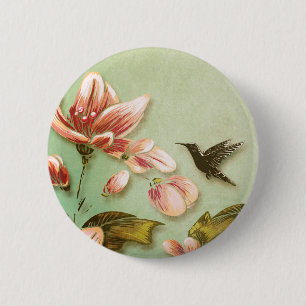 Badge Rond 5 Cm Azalées roses Vintage sur la fosse verte
