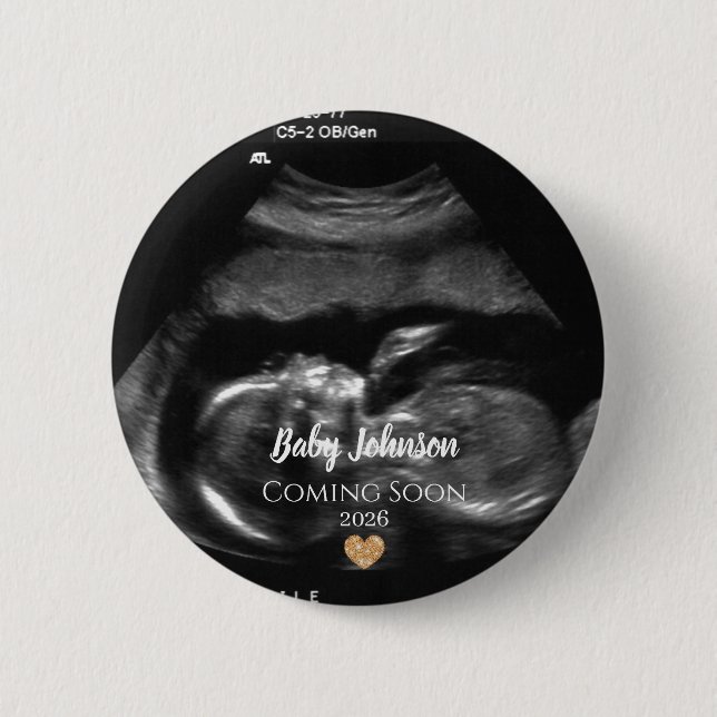 Badge Rond 5 Cm Baby Coming Soon Ultrasound Gold heart  (Devant)