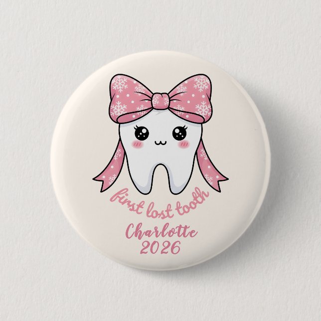 Badge Rond 5 Cm Baby First Tooth Pink Bow Milestone Kawaii Tooth (Devant)