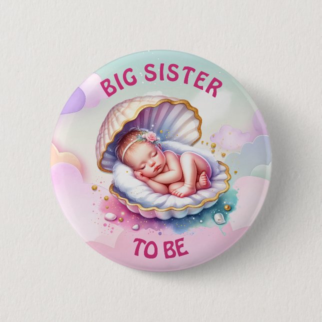 Badge Rond 5 Cm Baby Girl in Seashell Baby shower Grande soeur à ê (Devant)