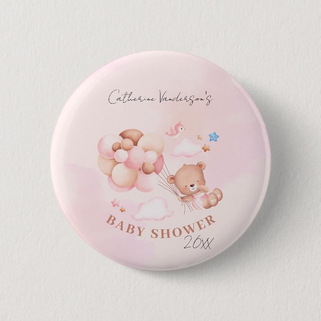 Badge Rond 5 Cm Baby shower d'ours en peluche rose (Devant)