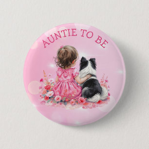 Badge Rond 5 Cm Baby Shower d'une Bébé Fille et son Chien Tante à
