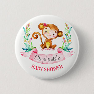 Badge Rond 5 Cm Baby shower fille singe aquarelle