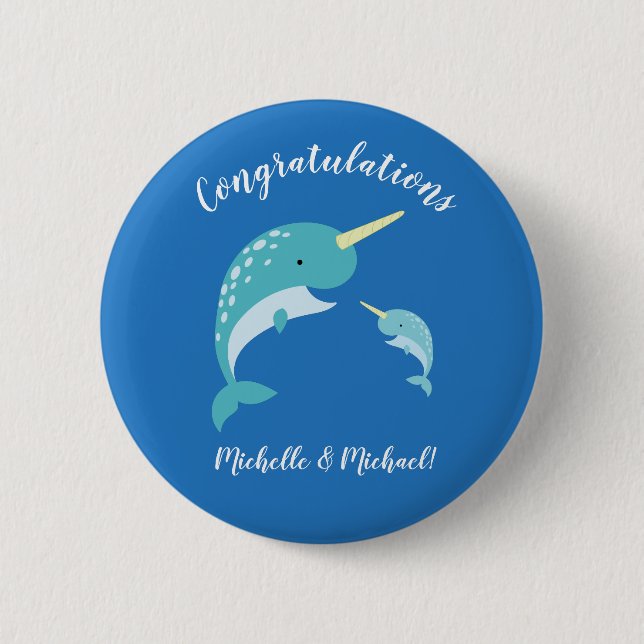 Badge Rond 5 Cm Baby shower Narwhal Bleu Garçon mignon (Devant)