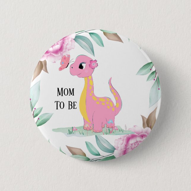 Badge Rond 5 Cm Baby shower papillon Dinosaure rose pâle (Devant)