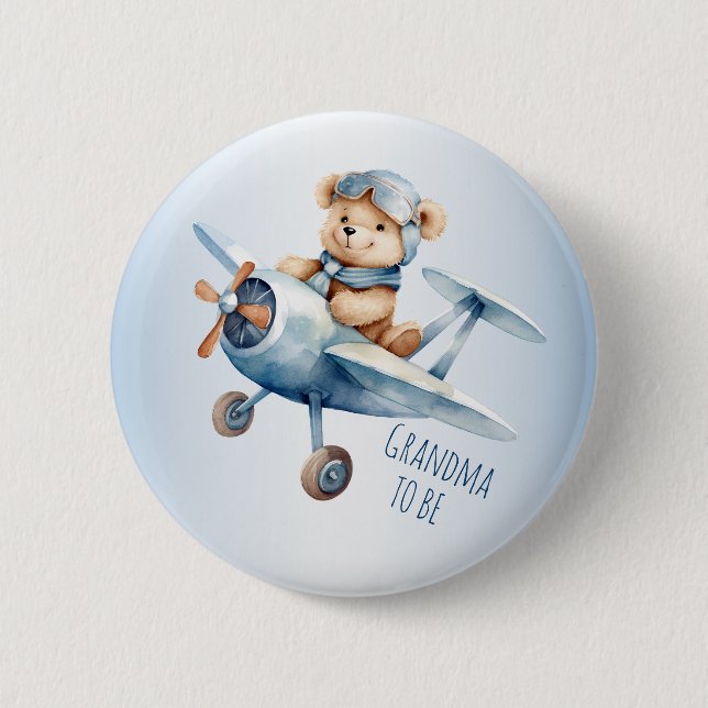 Badge Rond 5 Cm Baby shower Partie Bébé Ours Pilote Avion bleu (Devant)
