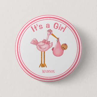 Badge Rond 5 Cm Baby shower personnalisable Stork Baby Girl