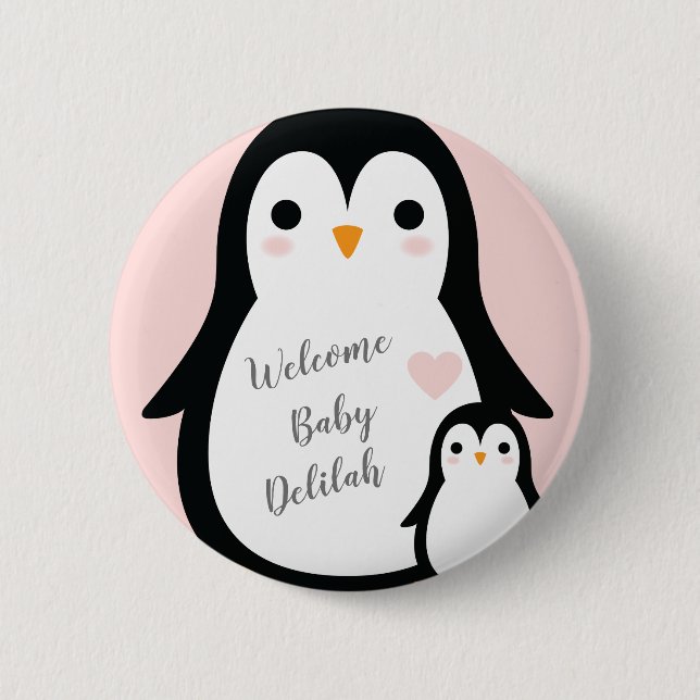 Badge Rond 5 Cm Baby shower Pingouin mignon fille rose (Devant)