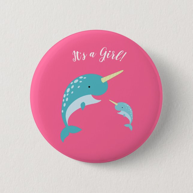 Badge Rond 5 Cm Baby shower rose Narwhal (Devant)