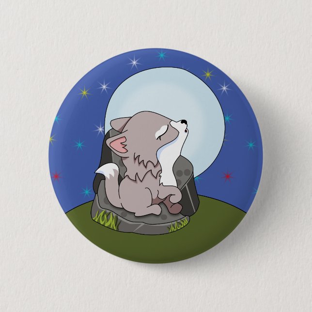 Badge Rond 5 Cm Baby Wolf Hurlant Sur La Lune (Devant)