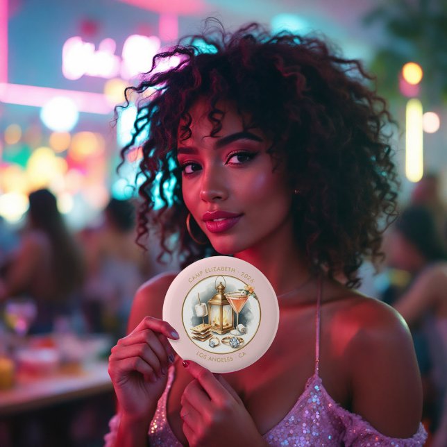 Badge Rond 5 Cm Bachelorette personnalisée Blush & Gold Camp Bride (Blush & Gold Camp Bride Personalized Bachelorette Button)