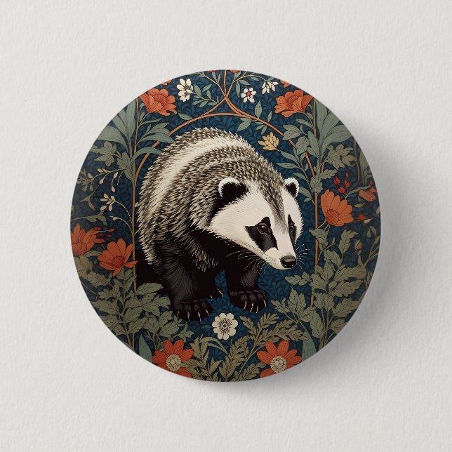 Badge Rond 5 Cm Badger de Woodland William Morris inspiré (Devant)