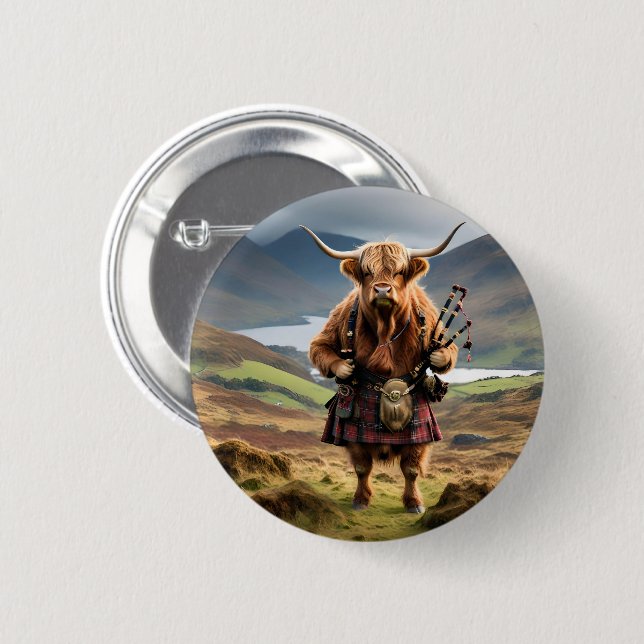 Badge Rond 5 Cm Bagpiper de vache écossaise Highland (Devant & derrière)