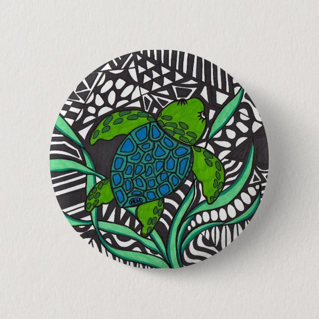 Badge Rond 5 Cm Baignade Honu tortue de mer avec des algues Button (Devant)