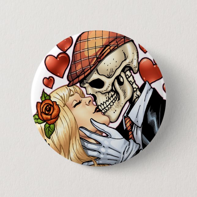 Badge Rond 5 Cm Baiser de crâne avec des coeurs et des roses par (Devant)