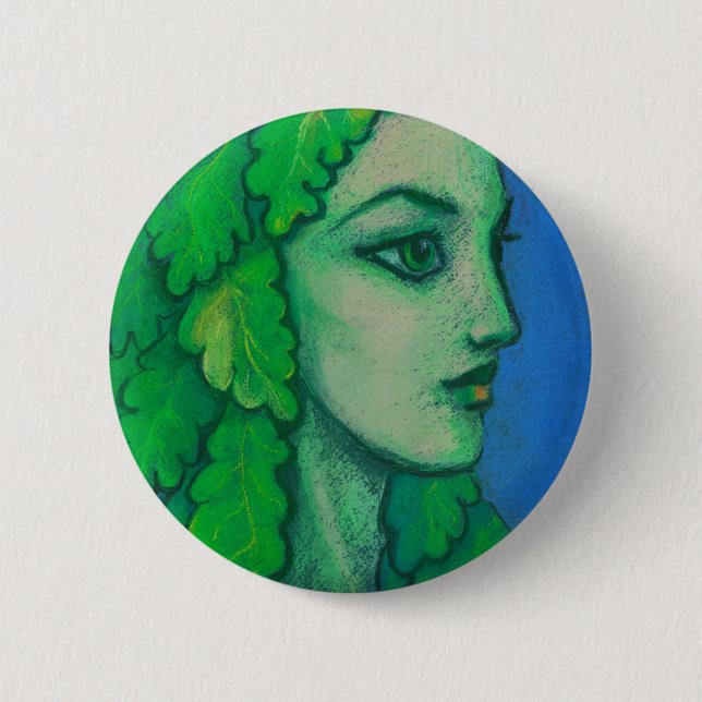 Badge Rond 5 Cm Balanis, dryad, feuilles verts, déesse forestière, (Devant)