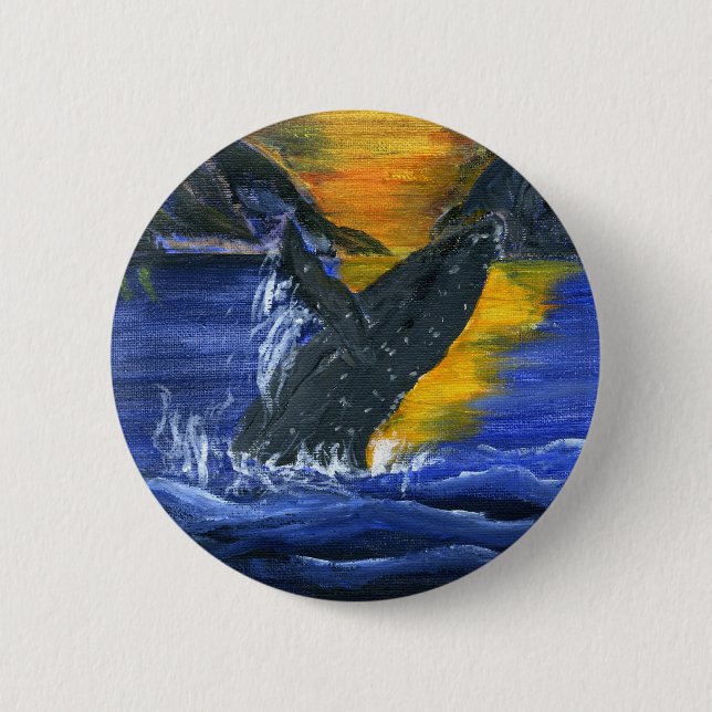 Badge Rond 5 Cm Baleine de bosse au coucher du soleil (Devant)