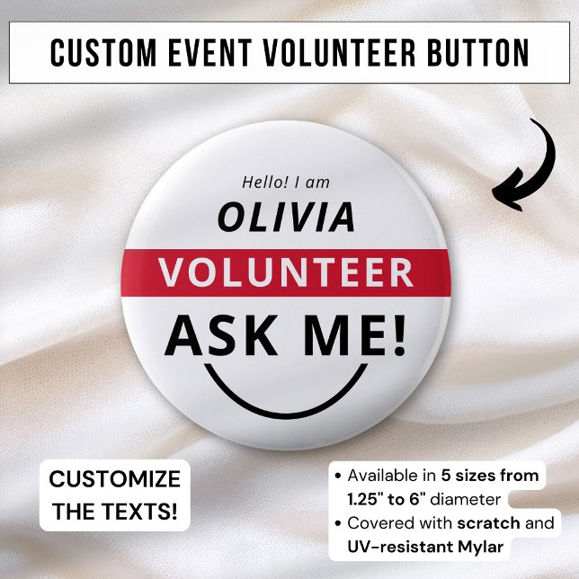 Badge Rond 5 Cm Balise de nom d'événement White Red Ask Me Volunte (Créateur téléchargé)