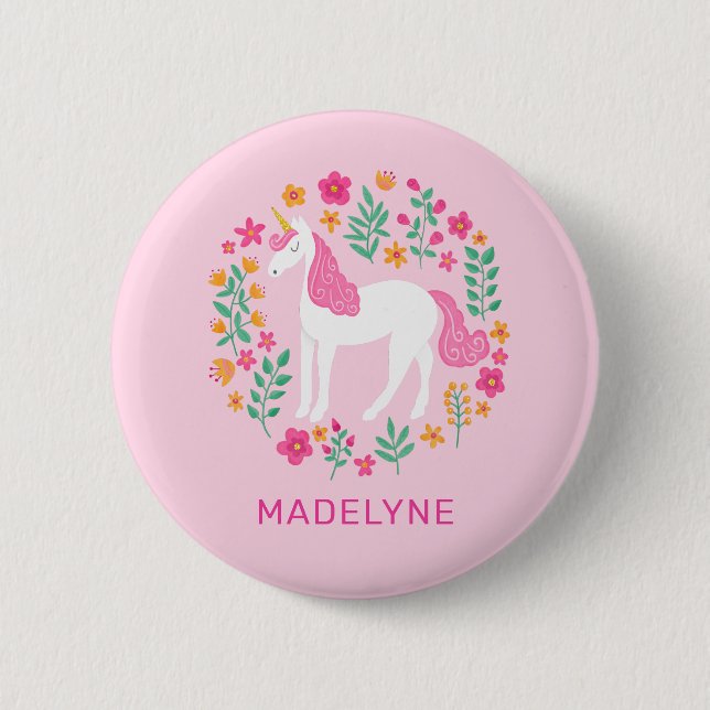 Badge Rond 5 Cm Balise Nom Fleurs Unicorne Rose Cute (Devant)
