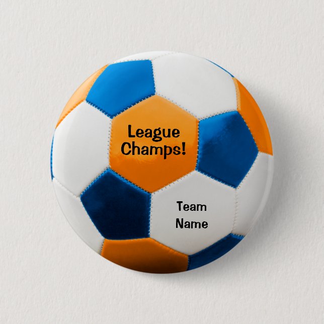 Badge Rond 5 Cm Balle de Football, Bleu & Orange, Nom de l'équipe, (Devant)