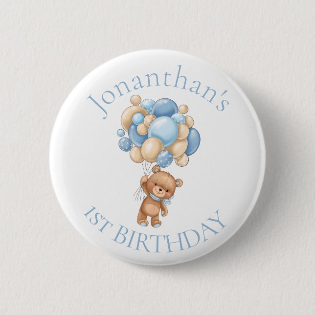 Badge Rond 5 Cm Ballons d'ours en peluche Bleu 1er anniversaire (Devant)