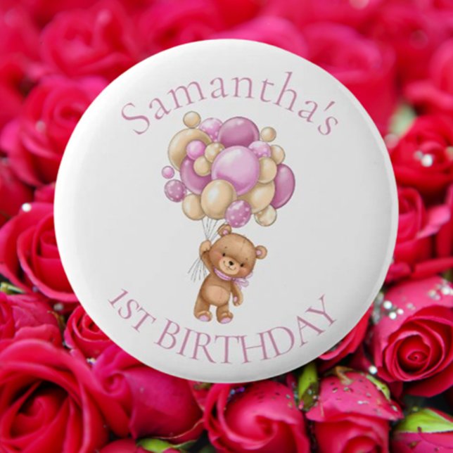 Badge Rond 5 Cm Ballons Ours Teddy Rose 1er Anniversaire (Celebrate your favorite bear's birthday in style! )