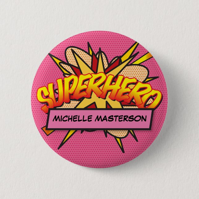 Badge Rond 5 Cm Bande dessinée personnalisée SUPERHÉROS Rose (Devant)