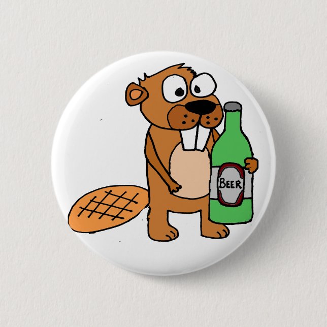 Badge Rond 5 Cm Bande dessinée potable de bière de castor frais (Devant)