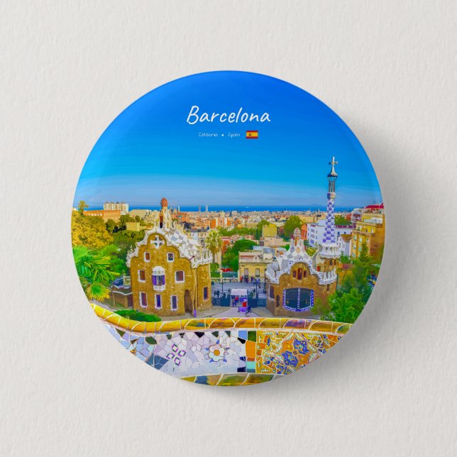Badge Rond 5 Cm Barcelone, Espagne - Parc Guell Mosaïque Gaudi (Devant)