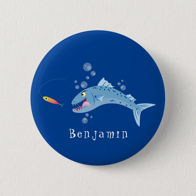 Badge Rond 5 Cm Barracuda poisson affamé de la pêche dessin animé (Devant)