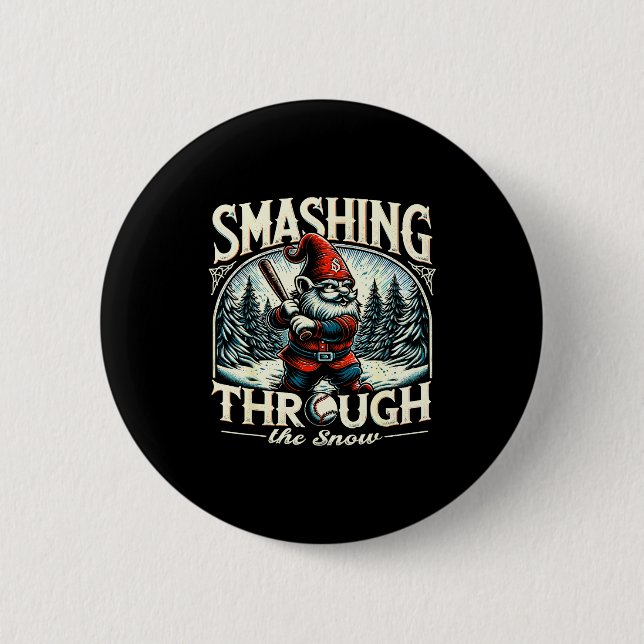 Badge Rond 5 Cm Baseball Player Christmas Gnome, Smashing Through  (Devant)