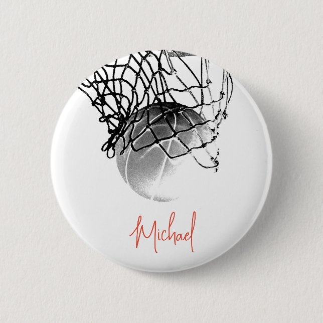 Badge Rond 5 Cm Basket-ball noir et blanc & Net Votre nom (Devant)
