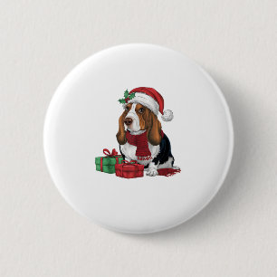 Badge Rond 5 Cm Basset Hound Chien Fêtes de Noël Père Noël D
