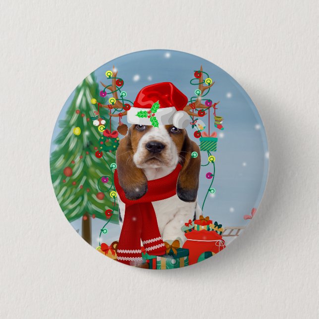 Badge Rond 5 Cm Basset Hound Dog in Snow with Christmas Gifts   (Devant)