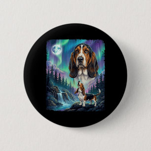 Badge Rond 5 Cm Basset Hound Lumières du Nord Aurore Lune Longue